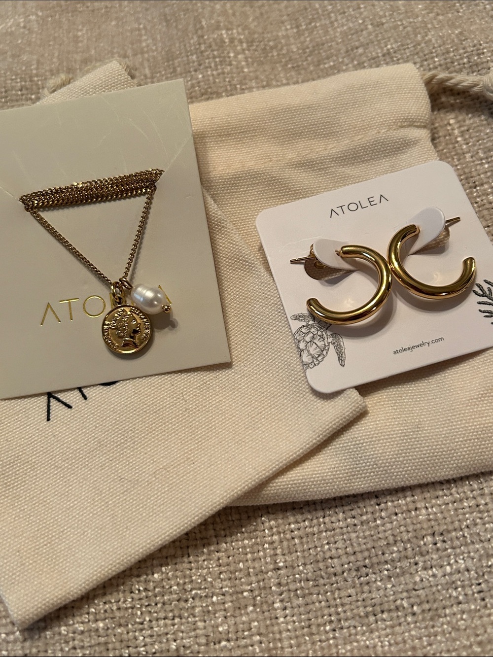 Atolea lot of coin necklace and hoop earrings, NEW, goldtone
